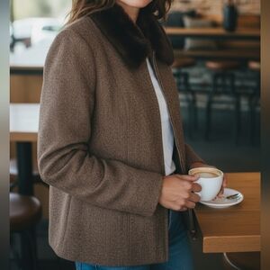 Talbots Vintage Jacket Made Of Italian Fabric Faux Fur Wool Silk Blend Size 14P